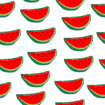 Seamless watermelons pattern. Red watermelon slices on white background