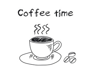 smoking cup of coffee on plate with coffe beans vector doodle illustration with handwritten text coffee time