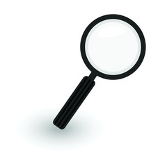 magnifier icon, hand magnifying glass black and white vector illustration in simple flat design with shadow, search looking concept