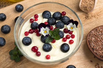Closeup of cottage cheese blended with flax seed oil, topped with fruit