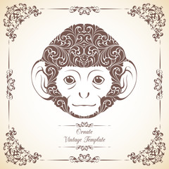 Vintage template with ornament and decorative monkey. Symbol of 2016.
