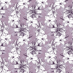 Obraz premium Seamless background with lilies. Floral linear pattern.