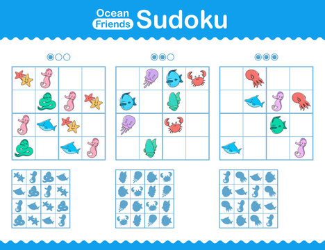 Childrens sudoku puzzle with cartoon ocean animals