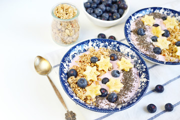 Fresh Breakfast Yogurt with Muesli Banana Berries Chia Seeds Granola White Background Healthy Lifestyle