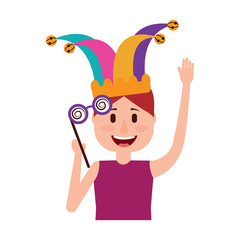 happy man jester hat and crazy glasses portrait vector illustration