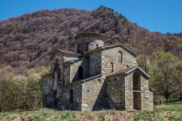 Old abandoned ancient Christian Church of Alanya in the Caucasus Mountains. Karachay-Cherkessia, Arkhyz, Russia