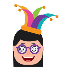 laughing face woman with crazy glasses and jester hat enjoy vector illustration