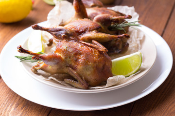 Appetizing baked quail with spices, herbs and lemon, lime in white dish on a wooden table