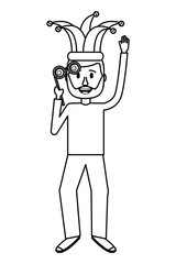 funny man holding silly glasses and jester hat vector illustration