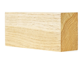 Brown wooden board isolated on white background. Oak wooden beam.