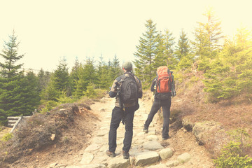 Fototapeta na wymiar Hiking people with backpacks in mountains