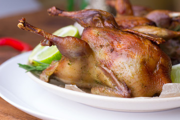 Appetizing baked quail with spices, herbs and lemon, lime in white dish on a wooden table