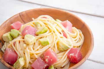 cold pasta with avocado and raw tuna