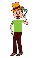 young man standing crazy glasses and hat humor vector illustration