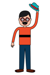 happy man standing wearing mask mustache glasses and hat vector illustration