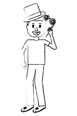 Obraz premium young man standing crazy glasses and hat humor vector illustration sketch design