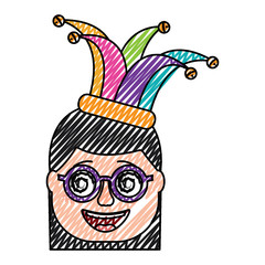 laughing face woman with crazy glasses and jester hat enjoy vector illustration drawing design
