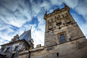 Cityscape of Prague with medieval towers and colorful buildings, Czech Republic