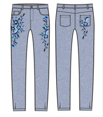 sketch of jeans with floral embroidery.