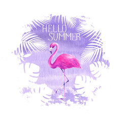 Hello summer lettering flamingo purple poster