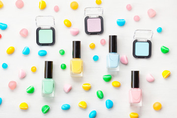 Pastel colors cosmetics. Beauty blogger concept