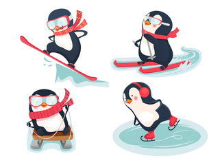 Naklejka premium active penguins in winter