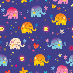 cute elephants and flowers seamless pattern