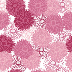 Cute pink aster flower heads seamless pattern hand drawn Scandinavian outline style