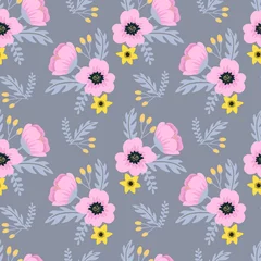 Foto op Canvas Elegant spring colorful seamless floral pattern with pink and yellow flowers on gray background. Ditsy print. Vector illustration © mejorana777