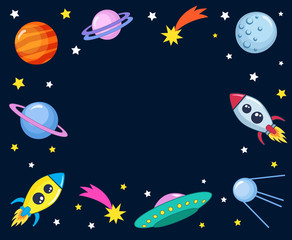 Fototapeta na wymiar Cute colorful background template with space mars stars planets ufo rockets spaceships satellite and comet on dark background. Vector illustration, frame for kids
