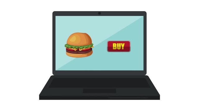 Buying hambuger online from laptop High definition animation colorful scenes