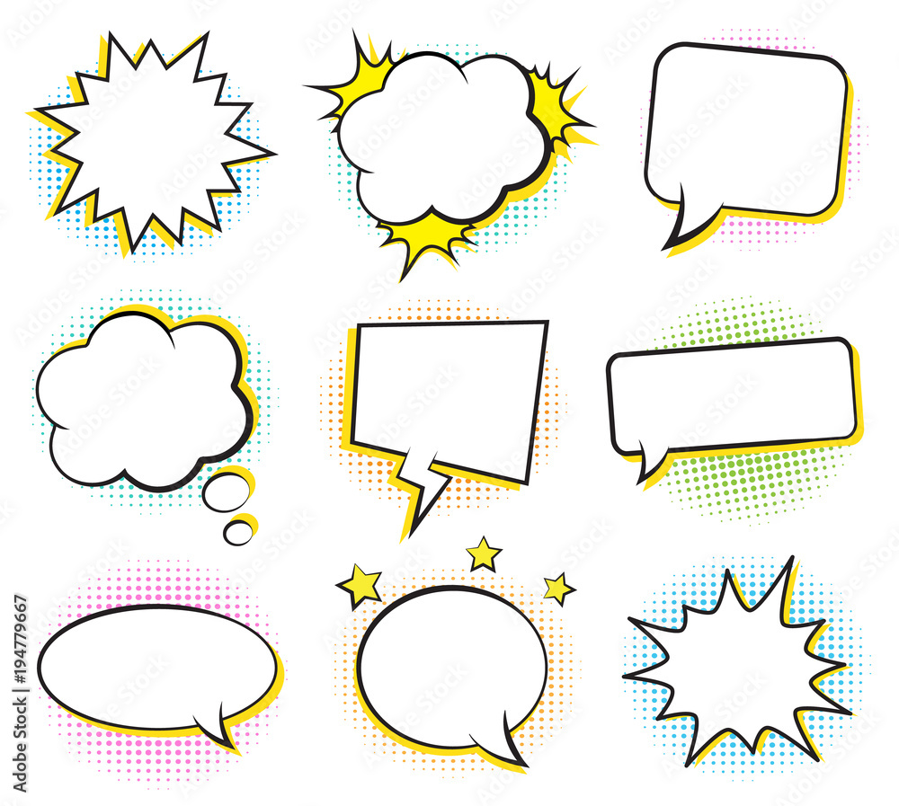 Wall mural retro empty comic bubbles and elements set with colorful halftone shadows. vector illustration, vint