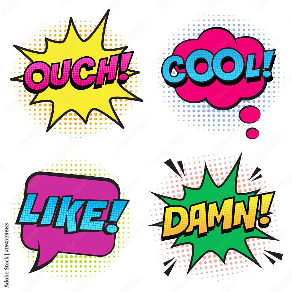 Wall mural retro colorful comic speech bubbles set with halftone shadows on white background. expression text c