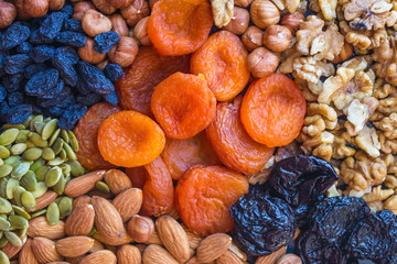 Dried fruits and peeled nuts.