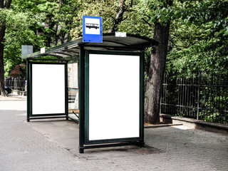 Bus tram stop, shelter, white empty place for street ads, advertisement board, mock up, mockup,...