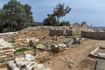 Columns in Ruins of ancient church in Archaeological site of Aliki, Thassos island,  East Macedonia and Thrace, Greece