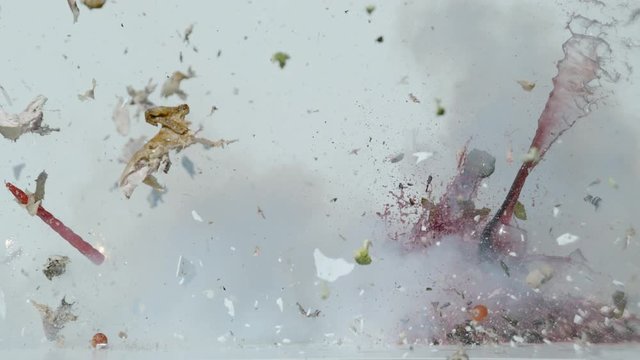 A candle, a roast chicken, a glass of red wine, and a bottle of red wine exploding, Ultra Slow Motion