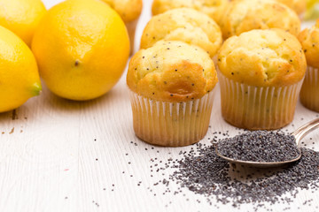 Lemon Poppyseed Muffins on a Distressed White Wooden Table