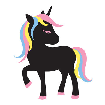 Fototapeta Vector illustration of cute black unicorn silhouette with multi colored hair.