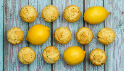 Lemon Poppyseed Muffins on a Blue Wooden Table