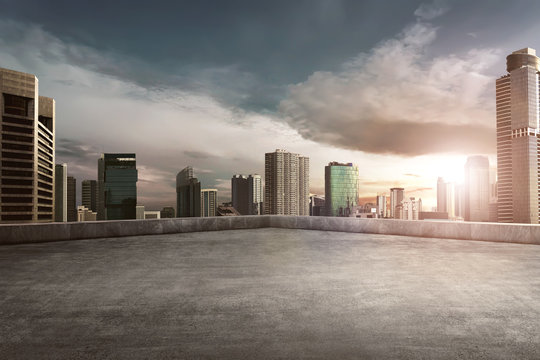 Rooftop balcony with cityscape