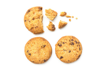 homemade chocolate chip cookies on white background in top view