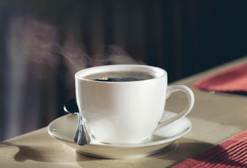 Hot coffee on the table.Food concept and good morning