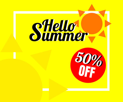 Vector of colorful sun in colorful background. There are word 'Summer offer 50% off', use for web banner, poster or flyer. Picture with copy space for marketing and advertising. Summer concept.