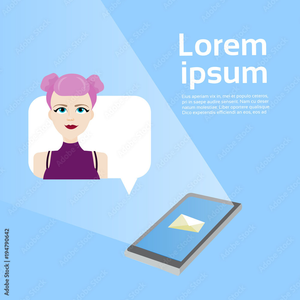 Poster online chatting smart phone with girl in bubble message over background with copy space flat vector 