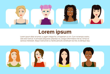 Set of Female Faces Isolated On Template Background, Diverse Women With Different Haircuts Portraits Flat Vector Illustration