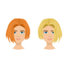 Set of Female Face With Different Hairstyles Isolated On White Background, Women Portraits Flat Vector Illustration