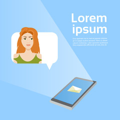 Social Media Message Smart Phone With Girl In Chat Bubble Over Background With Copy Space Flat Vector Illustration