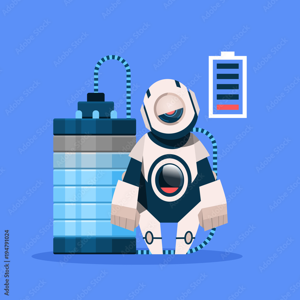 Poster robot with low battery charging isolated on blue background concept modern artificial intelligence t