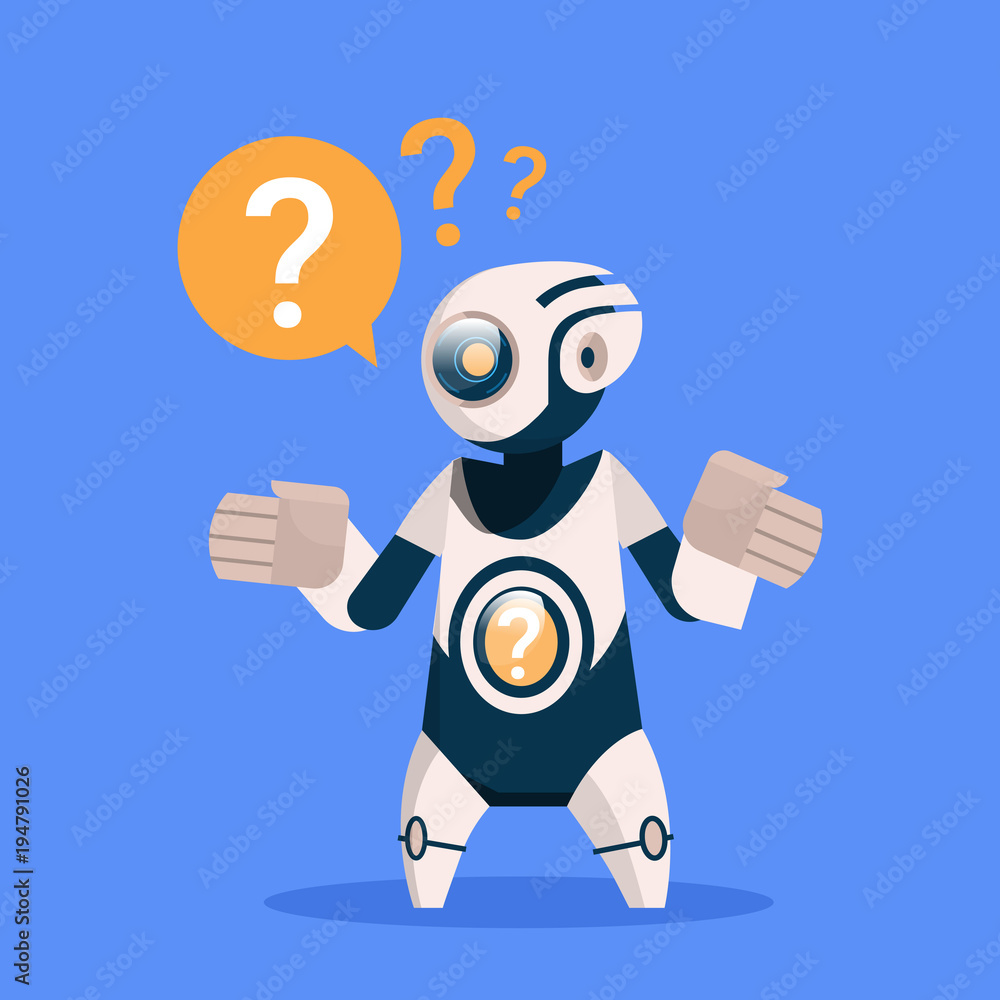 Poster robot with question mark cyborg isolated on blue background concept modern artificial intelligence t